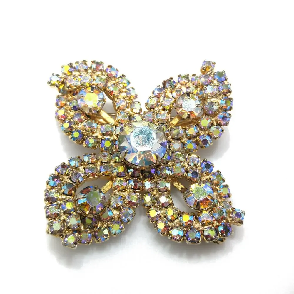 Rhinestones Aurora Borealis Flower Brooch, Gold Plated, 1960s Vintage Jewelry